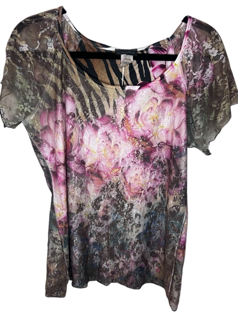 Brittany Black Pink Floral Mesh Short Sleeve Top